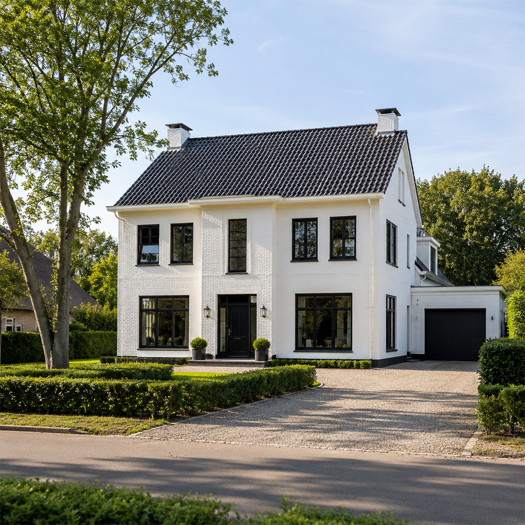 Huis met donkere kozijnen